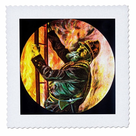 3dRose, Victorian era fireman climbing a ladder. First in a series. Vintage., 6x6 inch quilt square