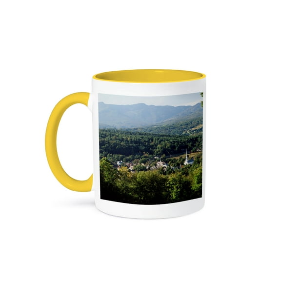 3dRose, View of town with mountain, Stowe, Vermont, USA - US46 WBI0050 - Walter Bibikow, 15oz Two-Tone Yellow Mug