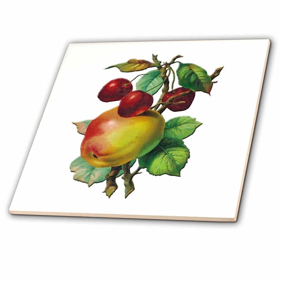 3dRose, Vintage Apples on a Branch with Red Cherries, 6 Inch Ceramic Tile
