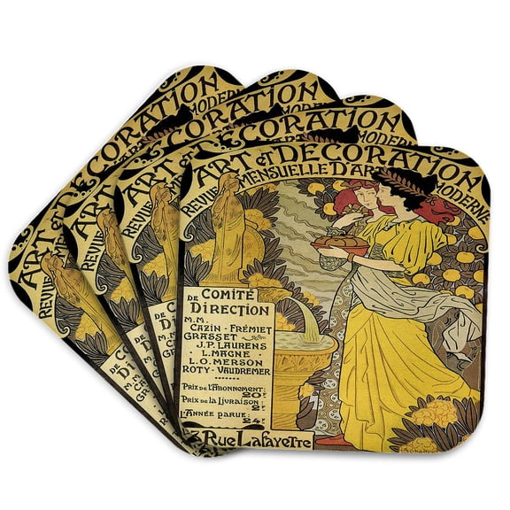 3dRose, Vintage Art Nouveau Art et Decoration French Poster, Set of 4 Coasters - Soft