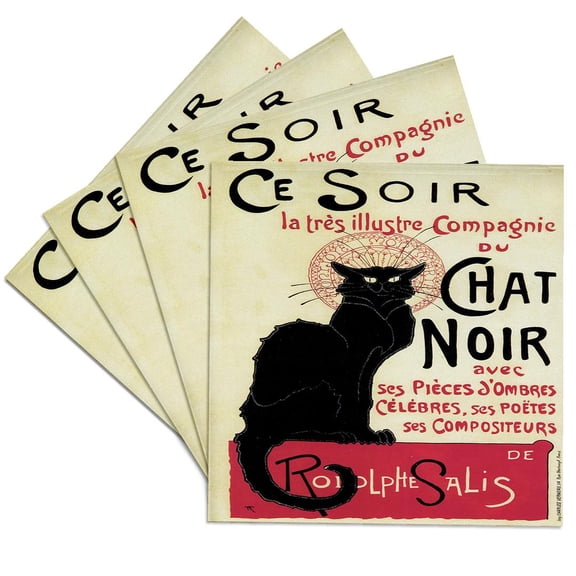 3dRose, Vintage Art Nouveau Ce Soir Chat Noir French Poster, Set of 4 Ceramic Tile Coasters