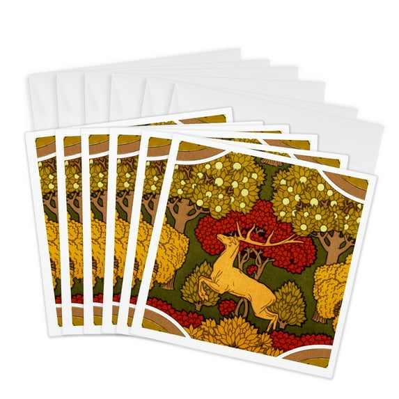 3dRose, Vintage Art Nouveau Stag with Fruit Trees, 6 Greeting Cards with envelopes