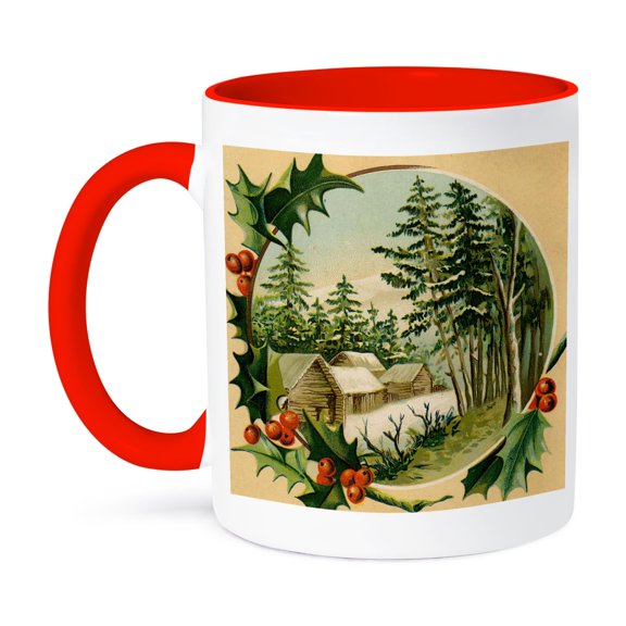 3dRose, Vintage Artwork Log House in the Snowy Woods, 15oz Two-Tone Red Mug