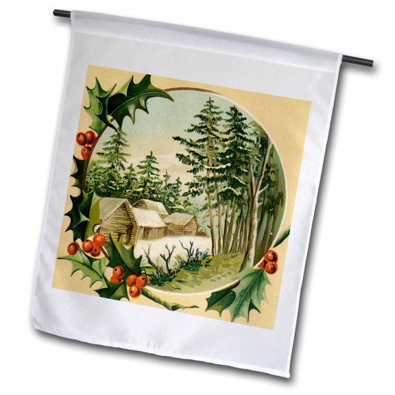 3dRose, Vintage Artwork Log House in the Snowy Woods, 12 x 18 inch Garden Flag