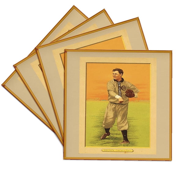 3dRose, Vintage Baseball Cub In Tan Frame, Set of 4 Ceramic Tile Coasters