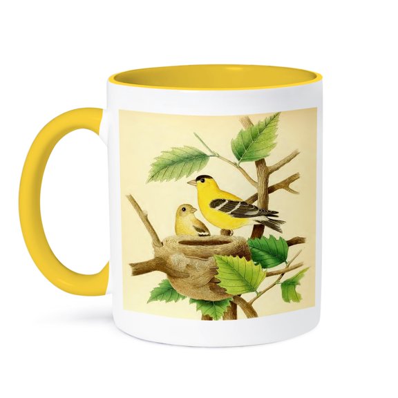 3dRose, Vintage Bird Art Print American Goldfinch Beautiful Yellow Birds Nest, 15oz Two-Tone Yellow Mug