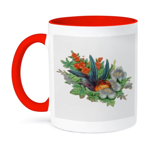 3dRose, Vintage Bird Illustration Beautiful Hummingbird Floral, 15oz Two-Tone Red Mug