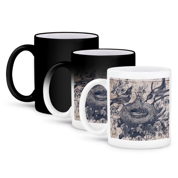3dRose, Vintage Bird Nest Nature Art, 11oz Magic Transforming Mug
