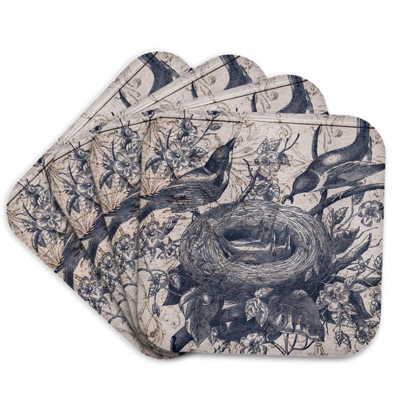3dRose, Vintage Bird Nest Nature Art, Set of 4 Coasters - Soft