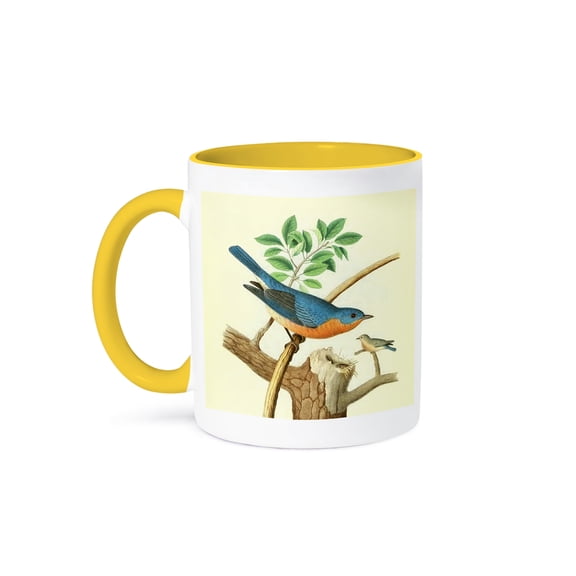3dRose, Vintage Bird Print Eastern Bluebird art Wild Blue Birds illustration, 11oz Two-Tone Yellow Mug