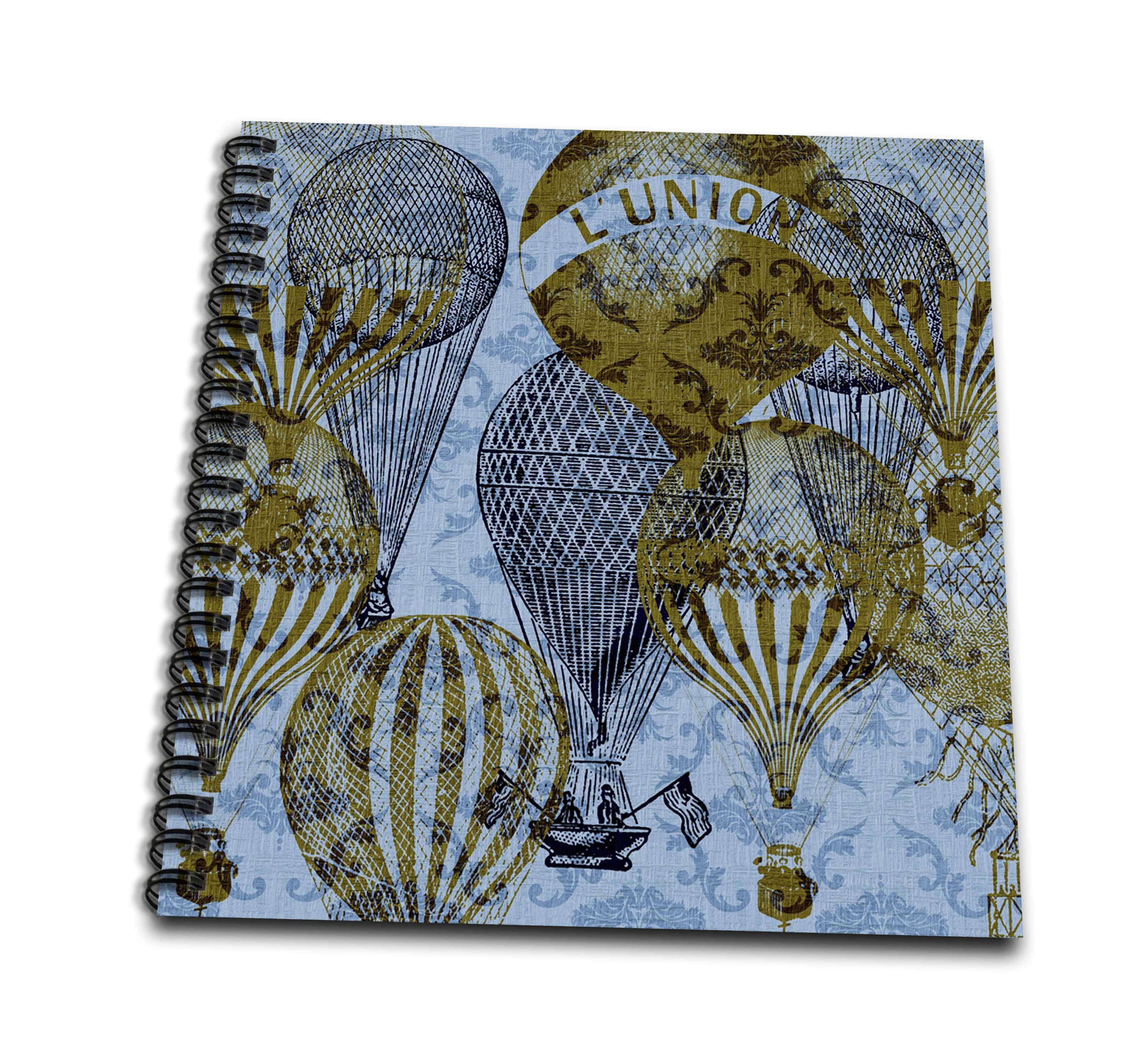 3dRose, Vintage Blue Damask Hot Air Balloons French Art, Memory Book 12 x 12 inch
