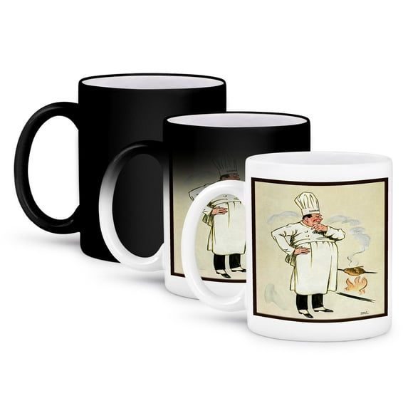 3dRose, Vintage Chef Roasting a Chicken over an Open Fire, 11oz Magic Transforming Mug