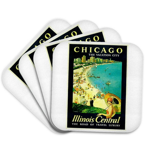 3dRose, Vintage Chicago The Vacation City Travel Poster, Set of 4 Coasters - Soft