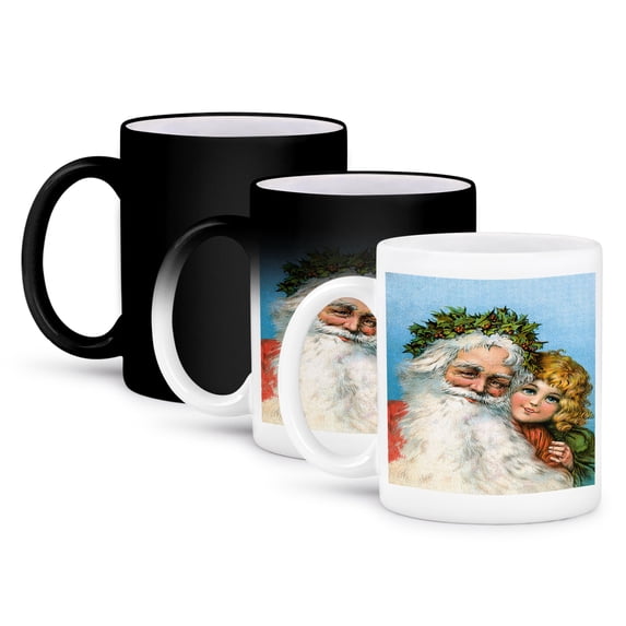 3dRose, Vintage Christmas Card Santa Clause wearing a Holly Wreath with a Young Girl, 11oz Magic Transforming Mug
