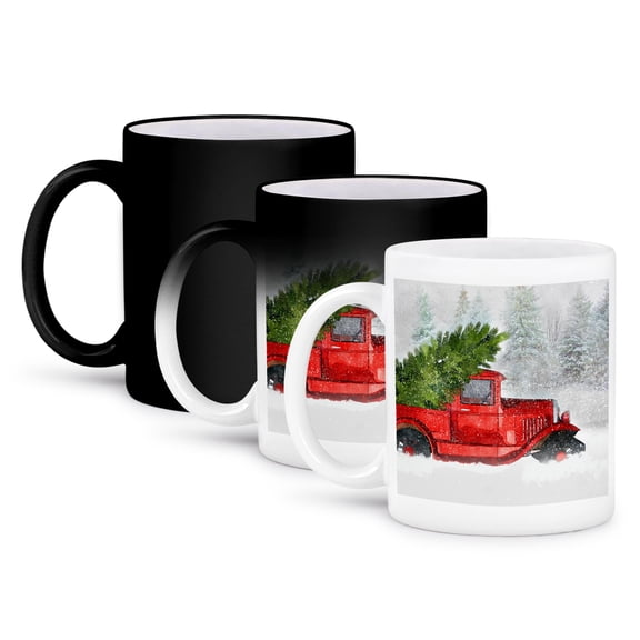 3dRose, Vintage Classic Old Red Truck with Christmas Tree in Woodland Snow, 11oz Magic Transforming Mug
