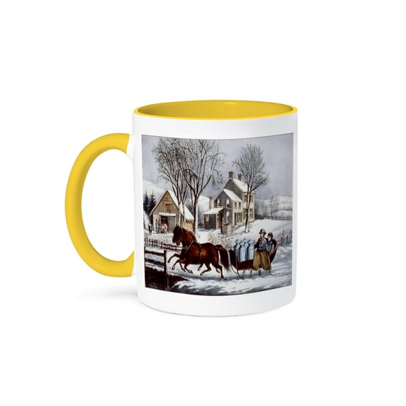 3dRose, Vintage Currier and Ives Horse Drawn Sleigh Winter , 15oz Two-Tone Yellow Mug