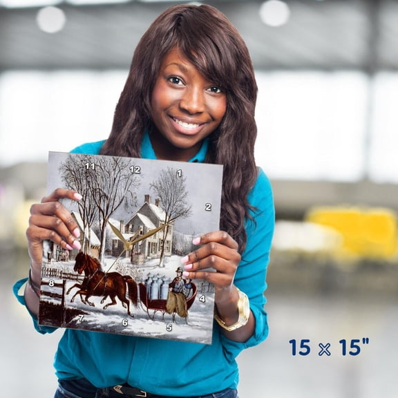 3dRose, Vintage Currier and Ives Horse Drawn Sleigh Winter , 15x15 Wall Clock