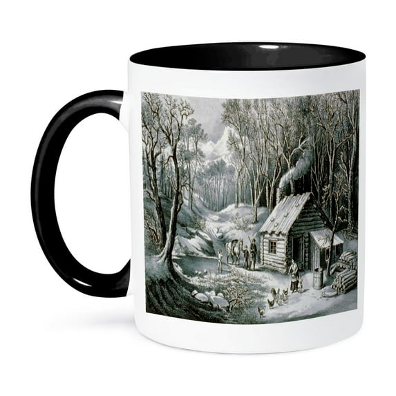 3dRose, Vintage Currier and Ives Wilderness Log Cabin Woods , 11oz Two-Tone Black Mug