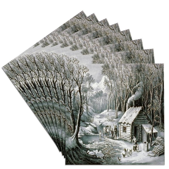 3dRose, Vintage Currier and Ives Wilderness Log Cabin Woods , Set of 8 Ceramic Tile Coasters