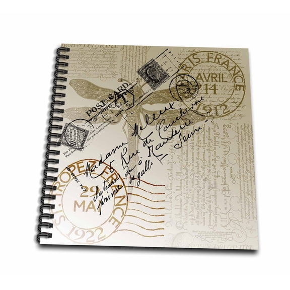 3dRose, Vintage Dragonfly French Postcard, Memory Book 12 x 12 inch