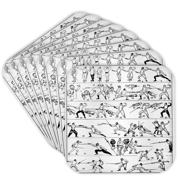 3dRose, Vintage Fencing Illustration - Classical Sword Fighting Swordsmanship, Set of 8 Coasters - Soft