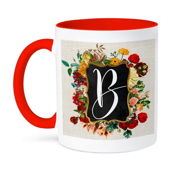 3dRose, Vintage Floral Monogram Initial B, 11oz Two-Tone Red Mug