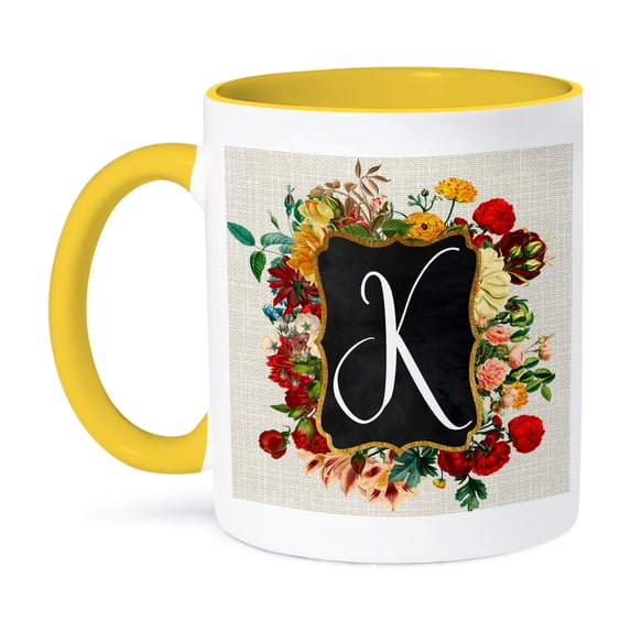 3dRose, Vintage Floral Monogram Initial K, 11oz Two-Tone Yellow Mug