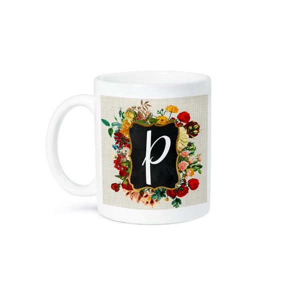 3dRose, Vintage Floral Monogram Initial P, 11oz Mug