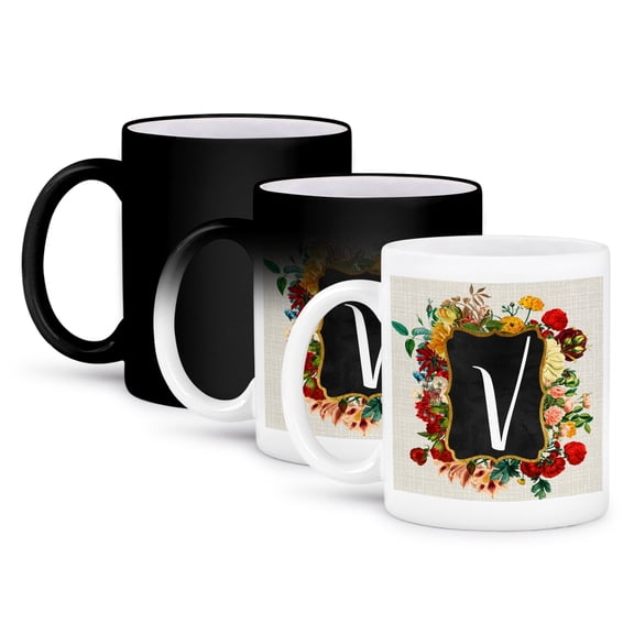 3dRose, Vintage Floral Monogram Initial V, 11oz Magic Transforming Mug