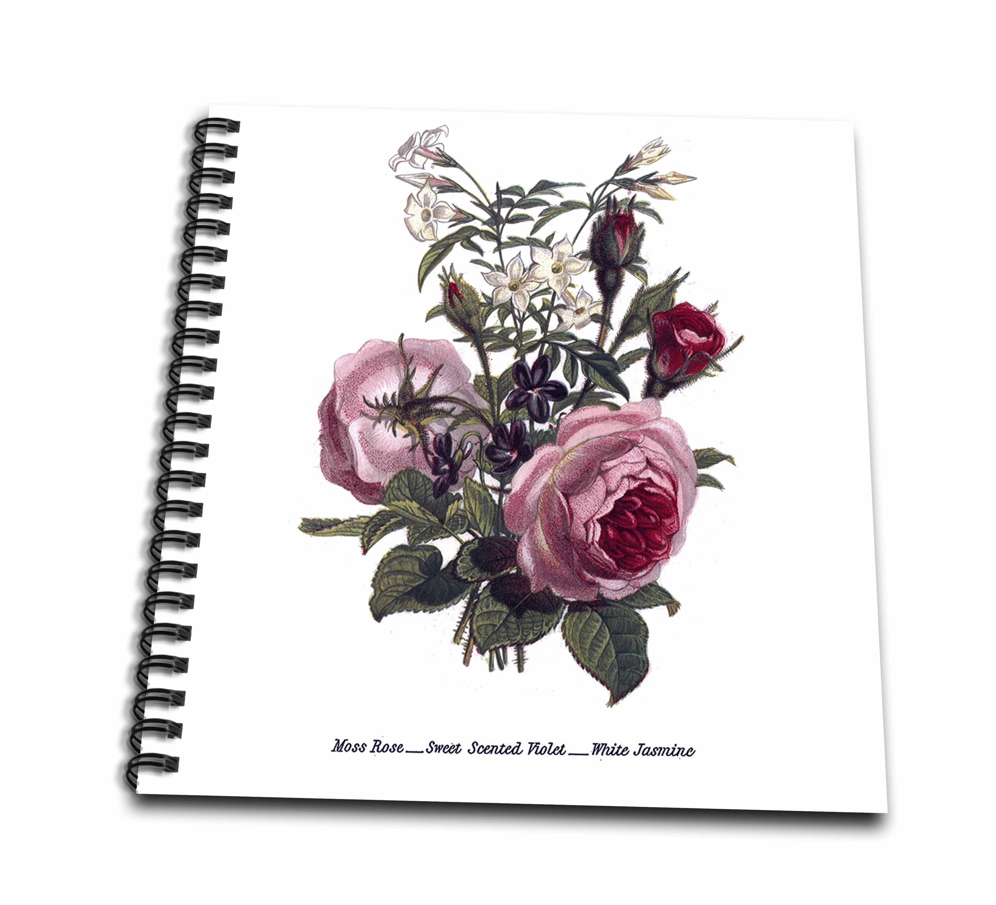 3dRose, Vintage Flowers Moss Rose Sweet Scented Violet White Jasmine Flowers in Pink and White, Memory Book 12 x 12 inch