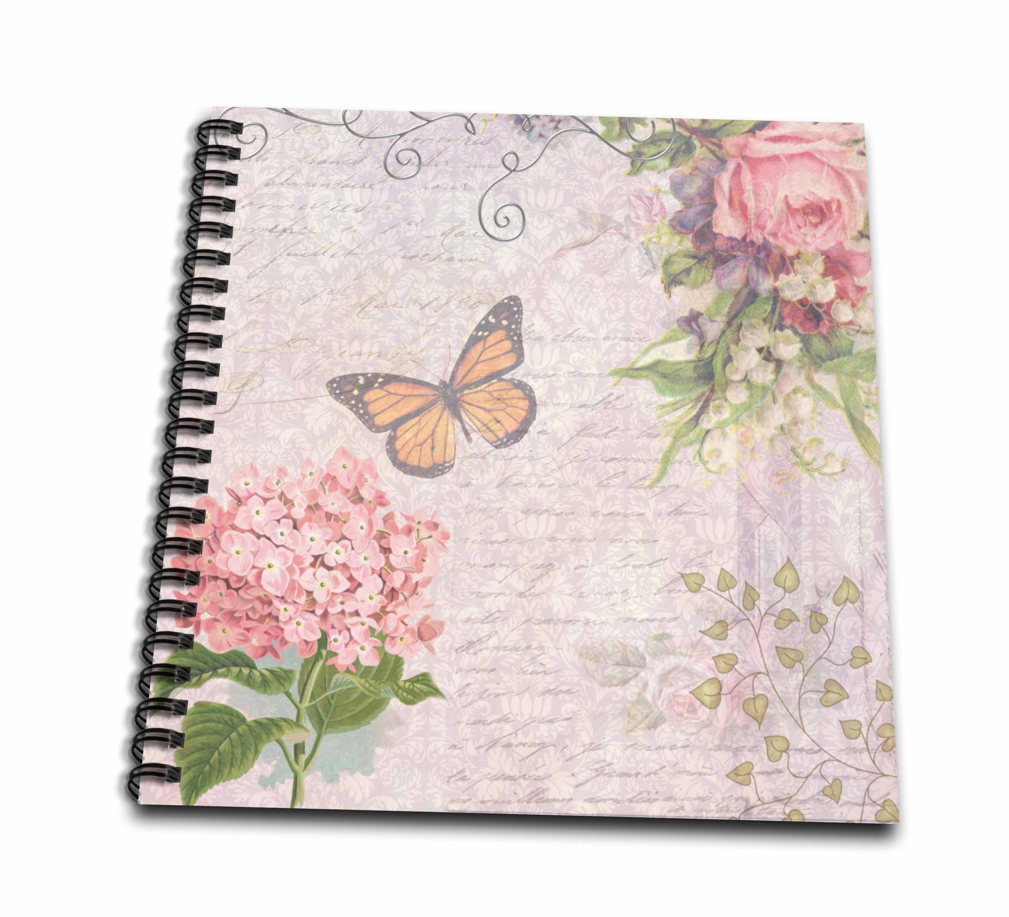 3dRose, Vintage Flowers handwriting and butterfly - pretty summer garden girly collage - swirls and leaves, Memory Book 12 x 12 inch