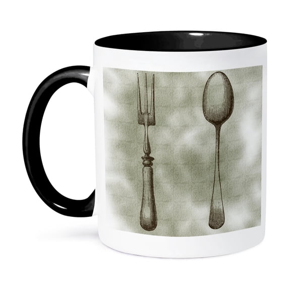 3dRose, Vintage Fork and Spoon - Kitchen Décor and Art, 11oz Two-Tone Black Mug