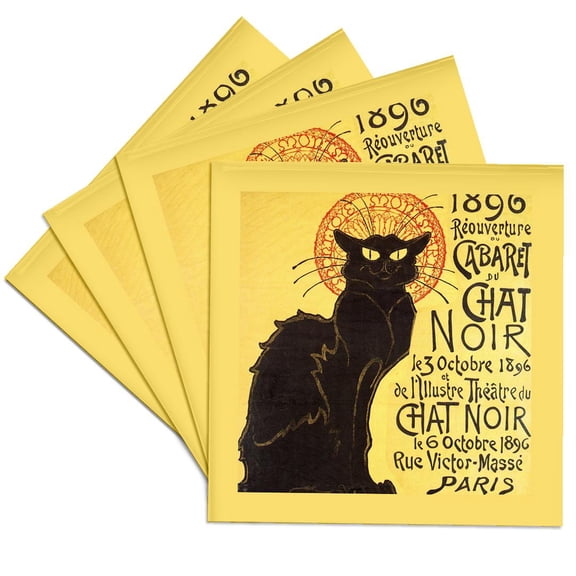 3dRose, Vintage French Chat Noir Black Cat Art, Set of 4 Ceramic Tile Coasters