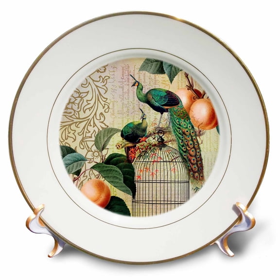 3dRose, Vintage French Peacocks and Apricots on a Bird Cage, 8 inch Porcelain Plate