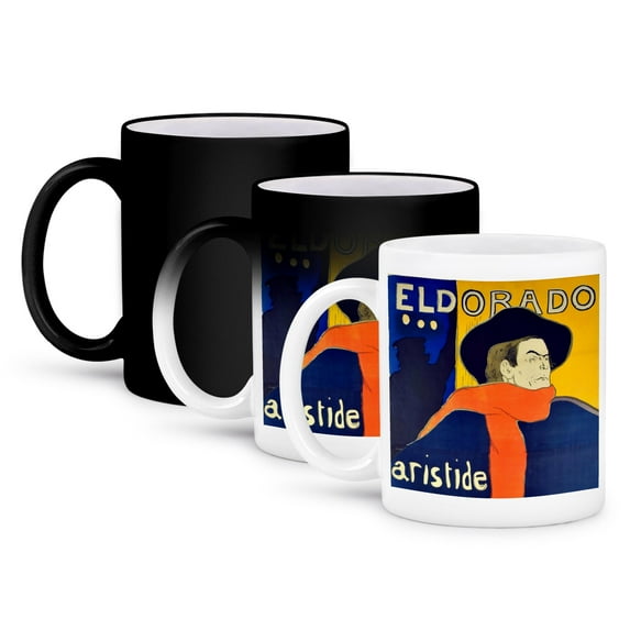 3dRose, Vintage French advert for singer Aristide Bruant by Toulouse-Lautrec - cafe-cabaret at the Eldorado, 11oz Magic Transforming Mug