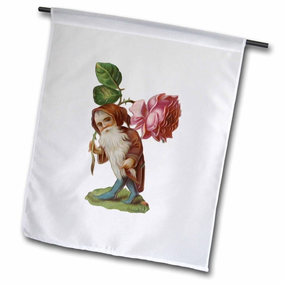 3dRose, Vintage Garden Gnome Troll Carrying Lovely Pink Flower, 12 x 18 inch Garden Flag