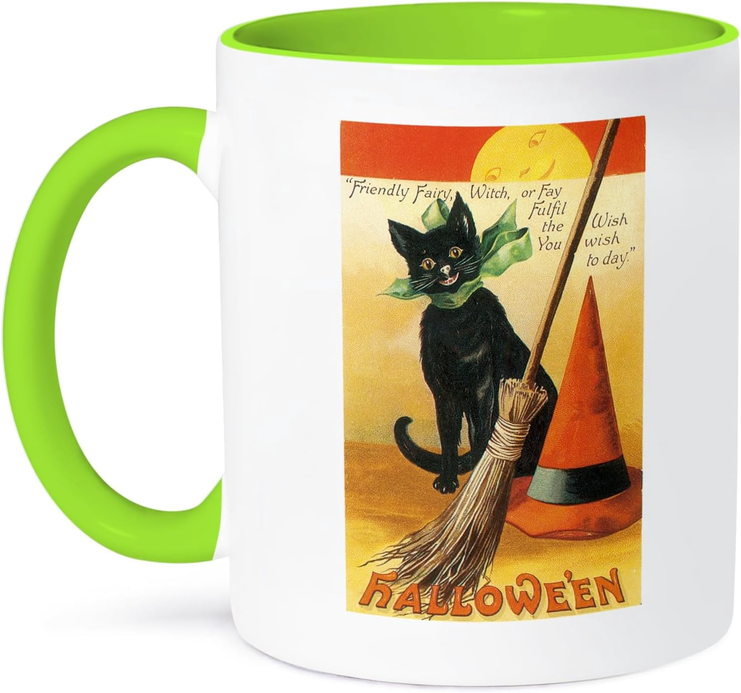 3dRose Vintage Halloween Mug - Black Cat, Broom & Witch Hat Design, 11oz Black & White Ceramic Cup