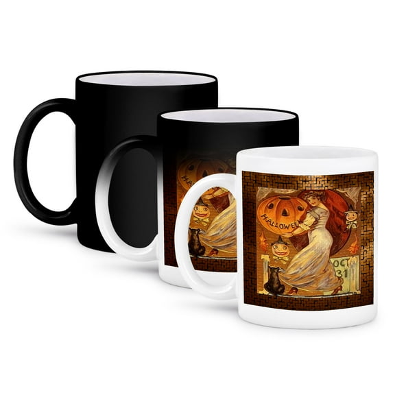 3dRose, Vintage Halloween Lady holding Jack o Lantern, 11oz Magic Transforming Mug