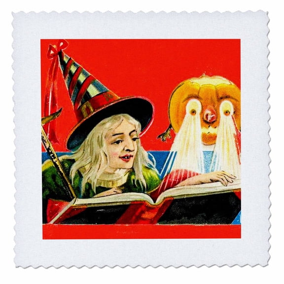 3dRose, Vintage Halloween Little Witch and Her Pumpkin Friend Early 1900s, 10x10 inch quilt square