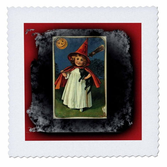 3dRose, Vintage Halloween Witch Girl and Black Cat, 6x6 inch quilt square