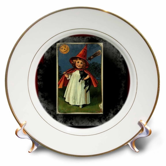 3dRose, Vintage Halloween Witch Girl and Black Cat, 8 inch Porcelain Plate