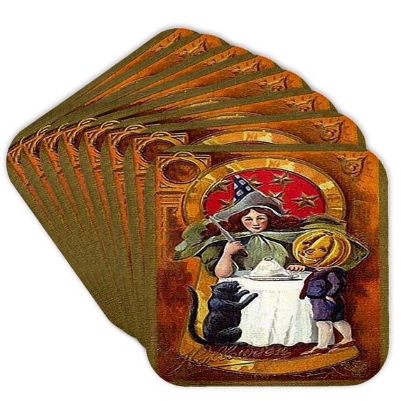 3dRose, Vintage Halloween Witch and Jack o Lantern Boy, set of 8 Coasters - Soft
