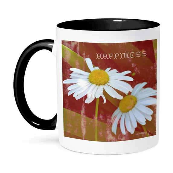 3dRose, Vintage Happiness Daisy Flowers Flower Photography, 15oz Two-Tone Black Mug