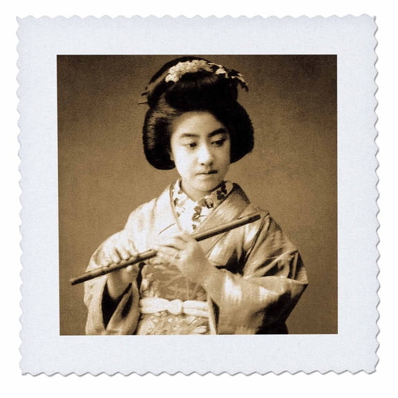 3dRose, Vintage Japanese Geisha Playing Flute Sepia Tone Old Japan Musician, 10x10 inch quilt square