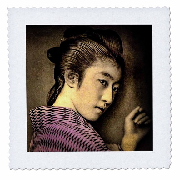 3dRose, Vintage Japanese Geisha Posing in the Shadows Hand Tinted, 8x8 inch quilt square
