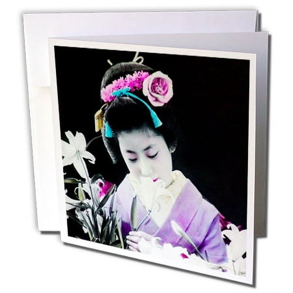 3dRose, Vintage Japanese Geisha Smelling Lilies Against Stunning Black, 1 Greeting Card with envelope