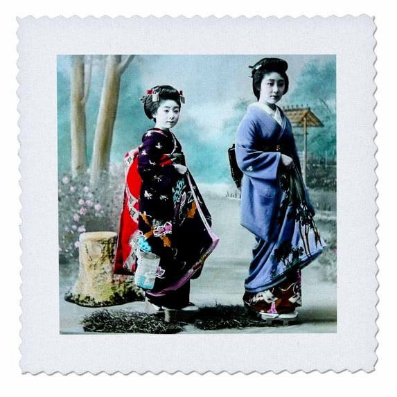 3dRose, Vintage Japanese Geisha and Her Young Maiko Apprentice Hand Tinted, 6x6 inch quilt square