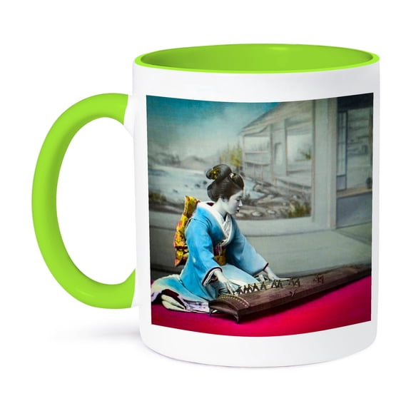 3dRose, Vintage Japanese Hand Colored Geisha Playing a Koto Old Japan, 11oz Two-Tone Green Mug