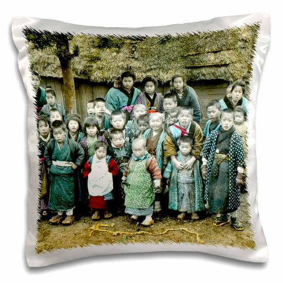 3dRose, Vintage Japanese Village Children Gather for a Group Photo Old Japan, 16x16 inch Pillow Case