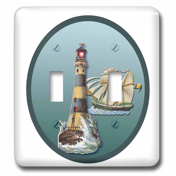 3dRose, Vintage Lighthouse and a Sailing Ship Art Framed in Blue Reproduction, double toggle switch